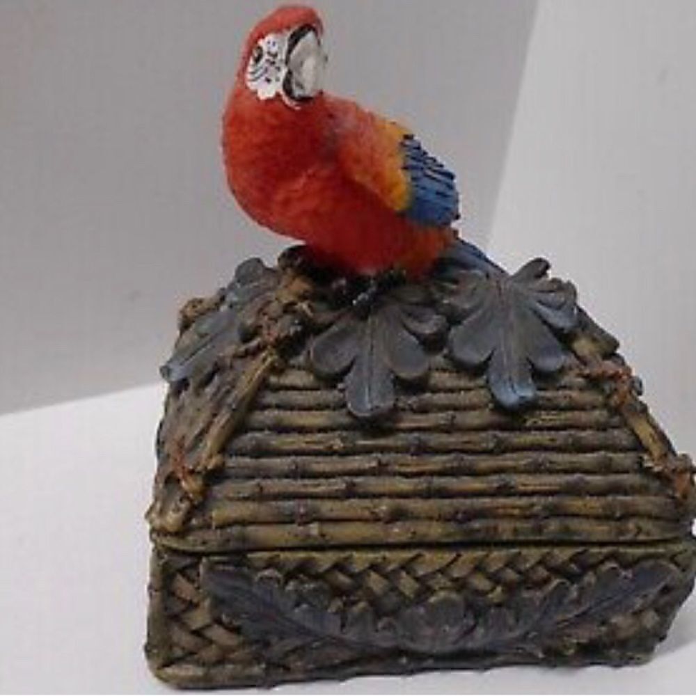 Resin Trinket Box Faux Bamboo With Parrot on Top Tropical Decor 5" Tall